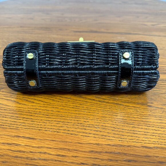 J.Crew Rattan Leather Trim Turn Lock Clutch Handbag Purse Black Straw Bag - Picture 3 of 6